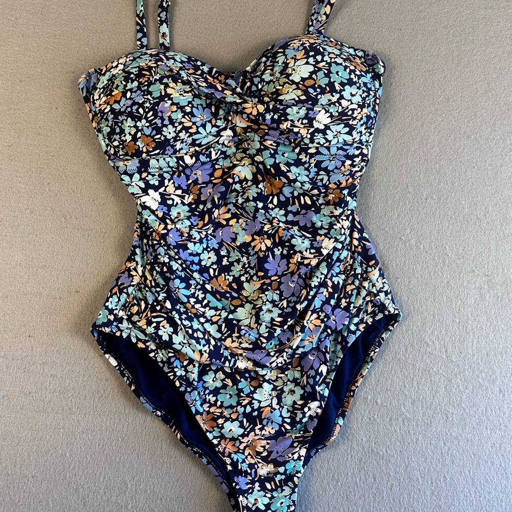 Floral One-Piece Swimsuit in Blue and Tan